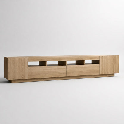 Meuble TV en bois finition chêne clair avec rangements spacieux et style contemporain épuré