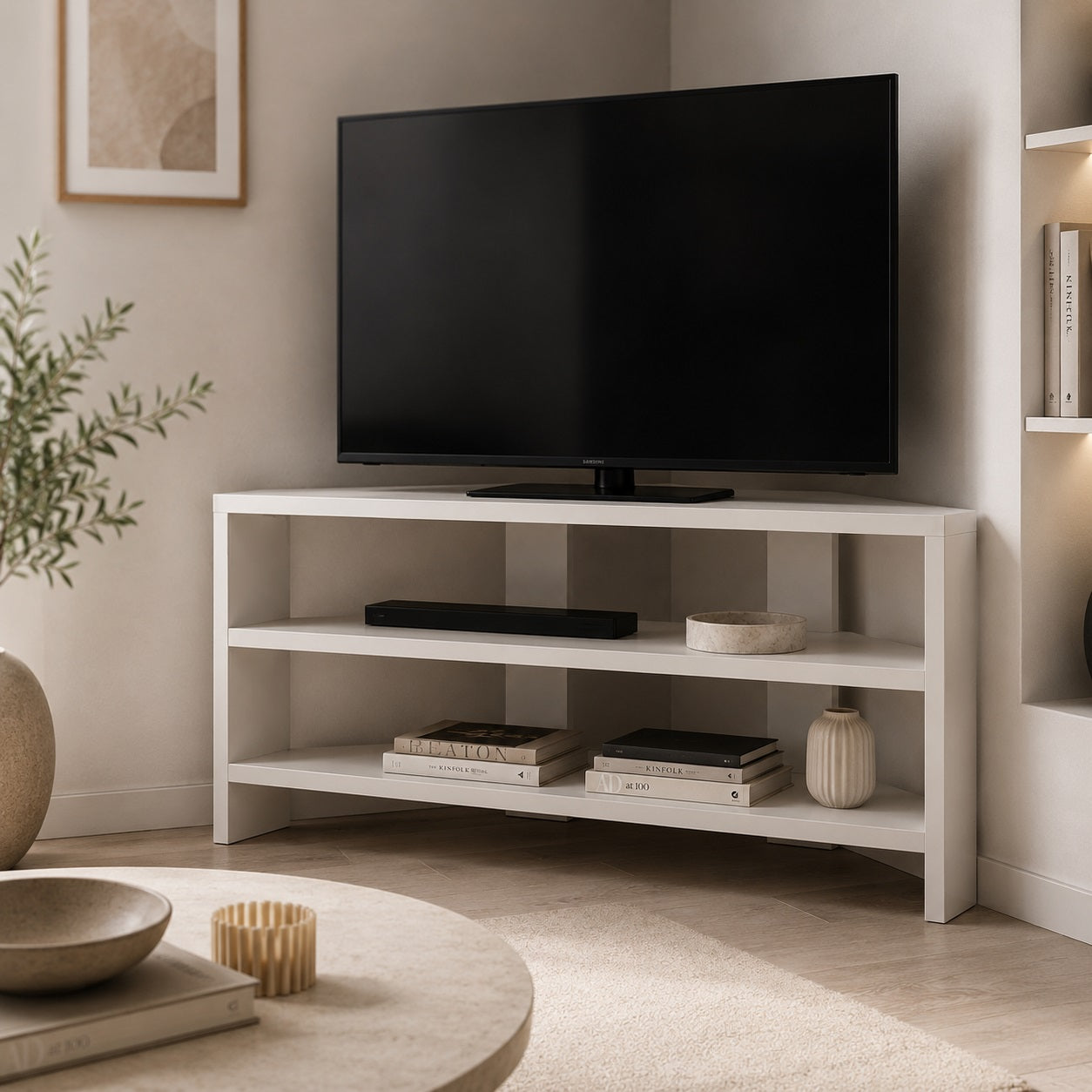 Meuble TV d'angle moderne blanc installé dans un salon épuré au style minimaliste et chaleureux