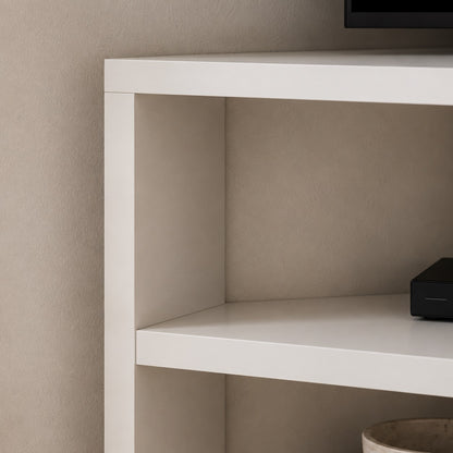 Meuble TV d'angle moderne blanc avec niches ouvertes pour box internet, console et décoration