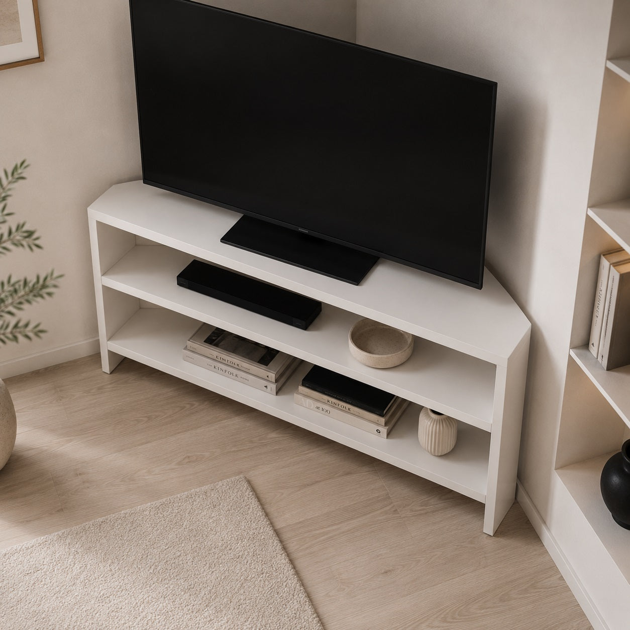 Vue aérienne d'un meuble TV moderne blanc optimisant l'espace dans un coin de salon contemporain