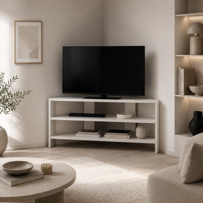 Meuble TV moderne blanc d'angle avec trois niveaux de rangement pour salon contemporain lumineux