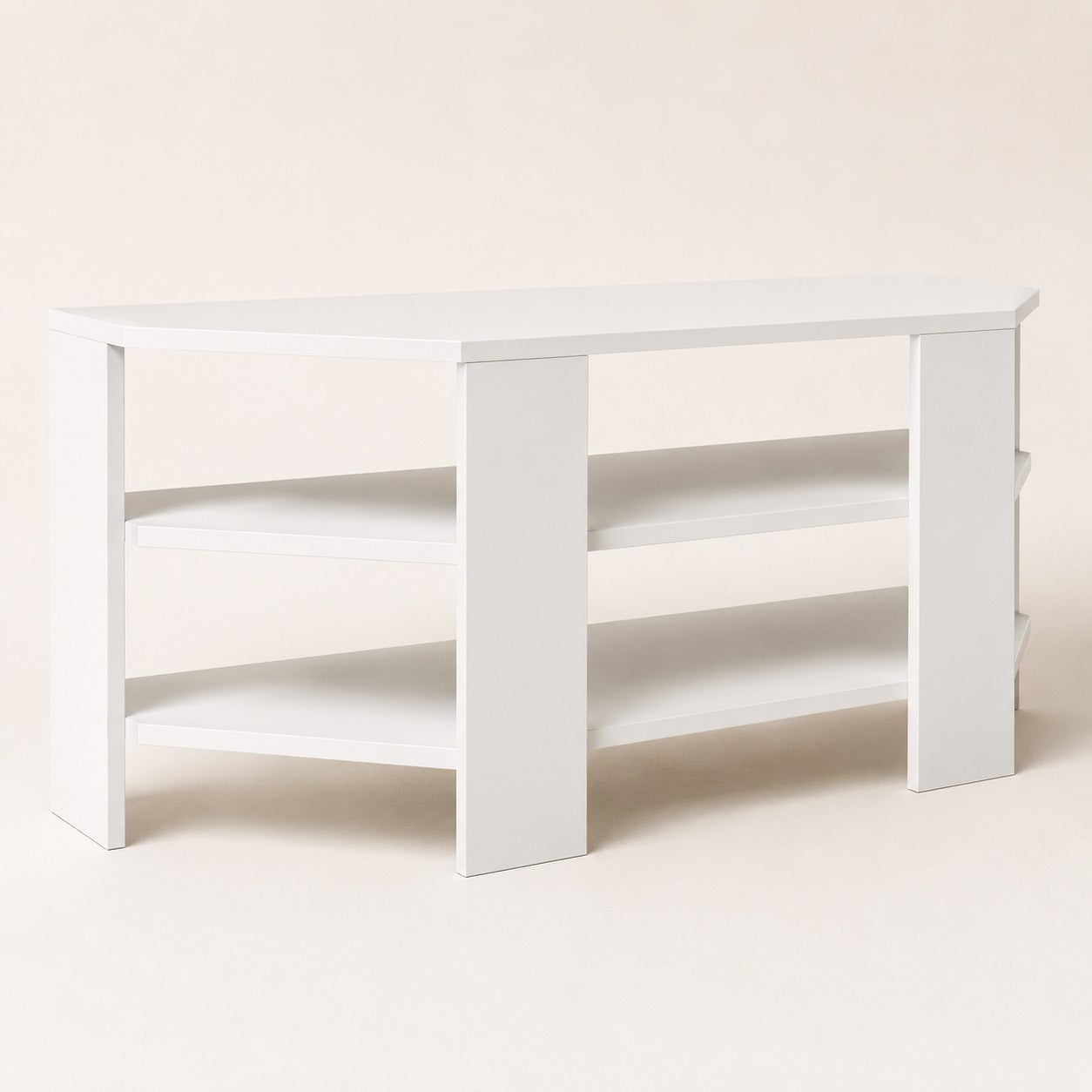 Vue arrière du meuble TV d'angle moderne blanc avec structure stable et lignes géométriques épurées