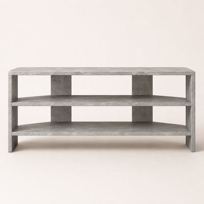 Vue de face d'un meuble TV d'angle moderne gris avec larges niches ouvertes pour équipements multimédias