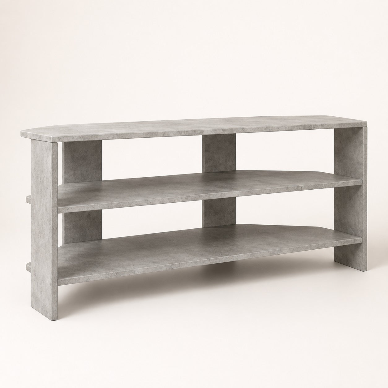 Meuble TV d'angle moderne gris béton avec étagères ouvertes pour salon contemporain et rangement multimédia