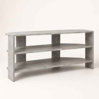 Meuble TV d'angle moderne gris béton avec étagères ouvertes pour salon contemporain et rangement multimédia