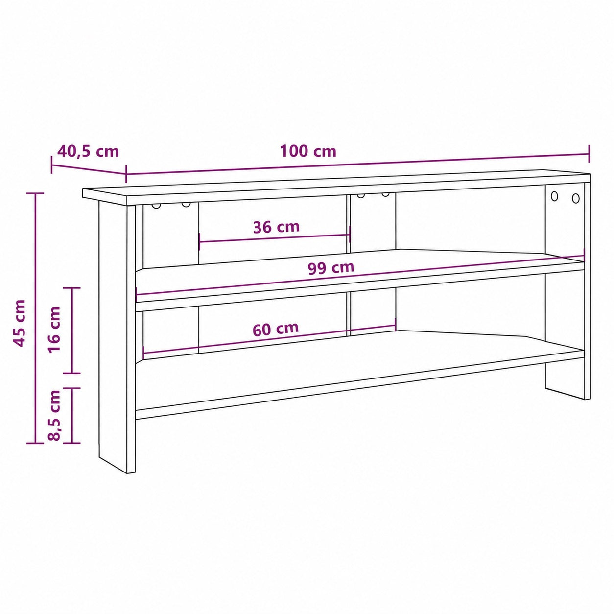 Dimensions du meuble TV d'angle moderne avec étagères ouvertes et format compact pour petit espace