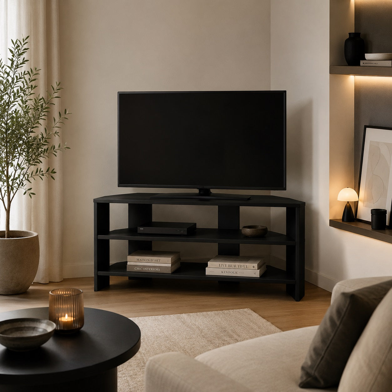 Meuble TV moderne noir installé dans un salon contemporain avec rangements ouverts et style raffiné