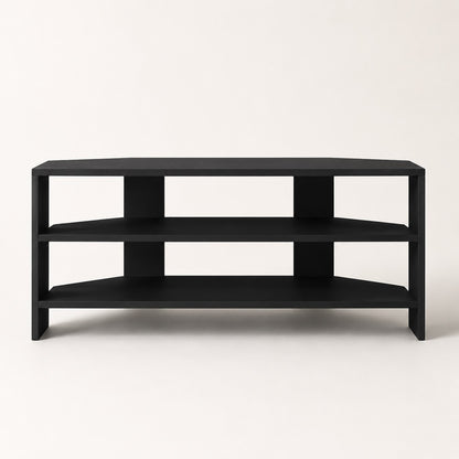 Vue frontale d'un meuble TV d'angle moderne noir avec étagères ouvertes et lignes sobres contemporaines