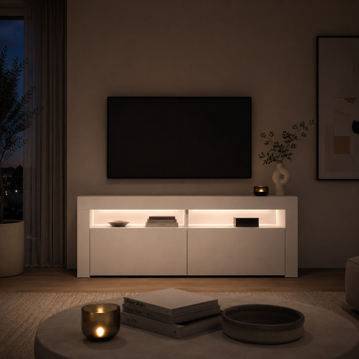 Meuble TV moderne avec LED blanc, éclairage d’ambiance intégré et lignes épurées pour salon design