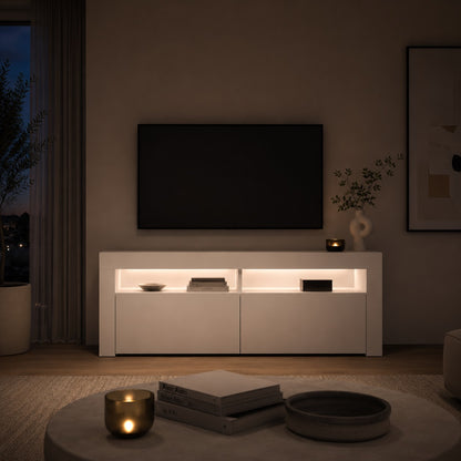Meuble TV moderne avec LED blanc, éclairage d’ambiance intégré et lignes épurées pour salon design