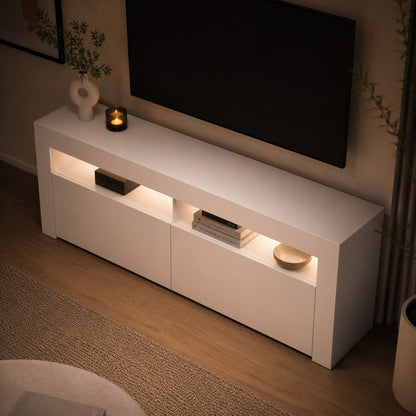 Vue plongeante du meuble TV avec LED blanc, rangements intégrés et style moderne épuré