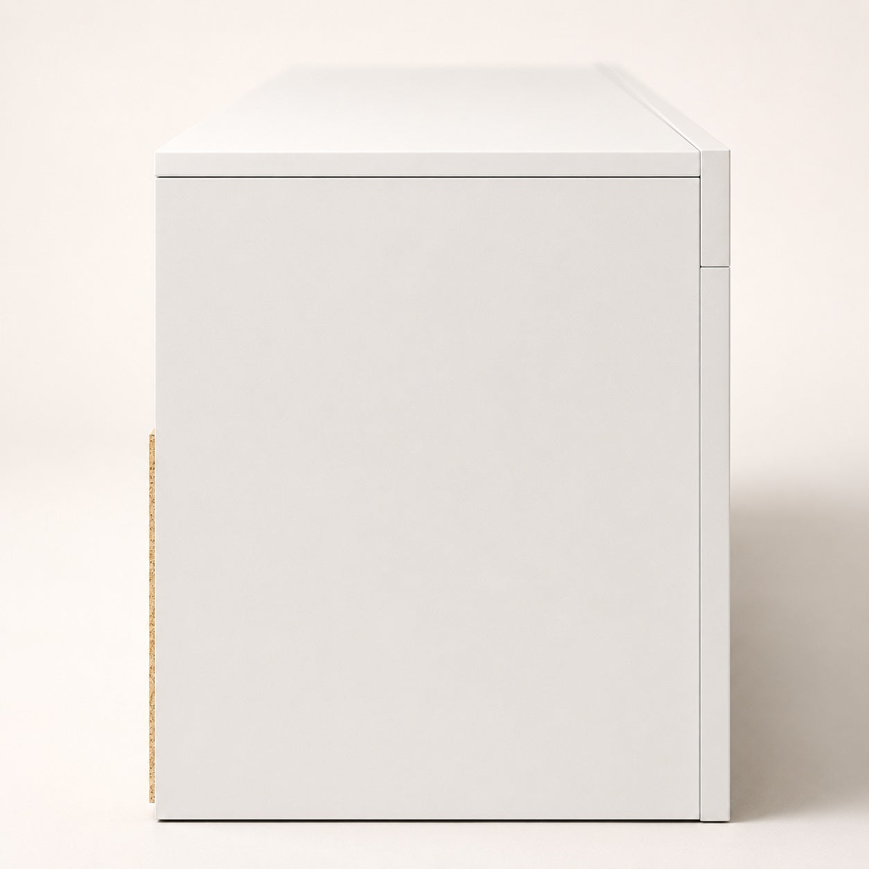 Vue latérale du meuble TV moderne blanc, structure robuste et design minimaliste contemporain
