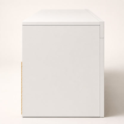 Vue latérale du meuble TV moderne blanc, structure robuste et design minimaliste contemporain