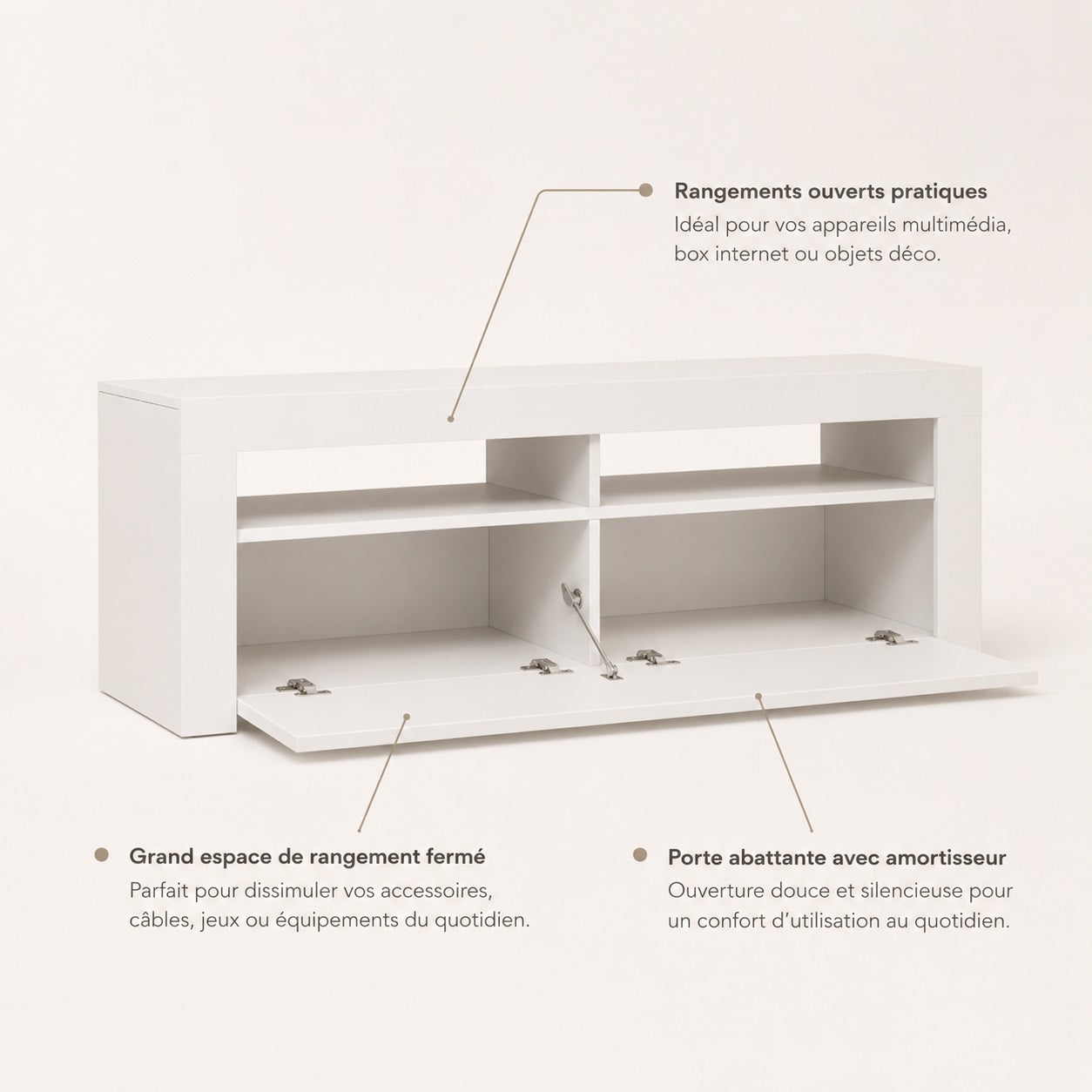 Meuble TV avec LED et rangements fermés, portes abattantes amorties et niches ouvertes pratiques