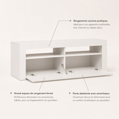 Meuble TV avec LED et rangements fermés, portes abattantes amorties et niches ouvertes pratiques