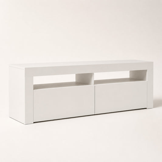 Meuble TV moderne blanc avec LED intégrée, design minimaliste et rangements fermés pour salon contemporain
