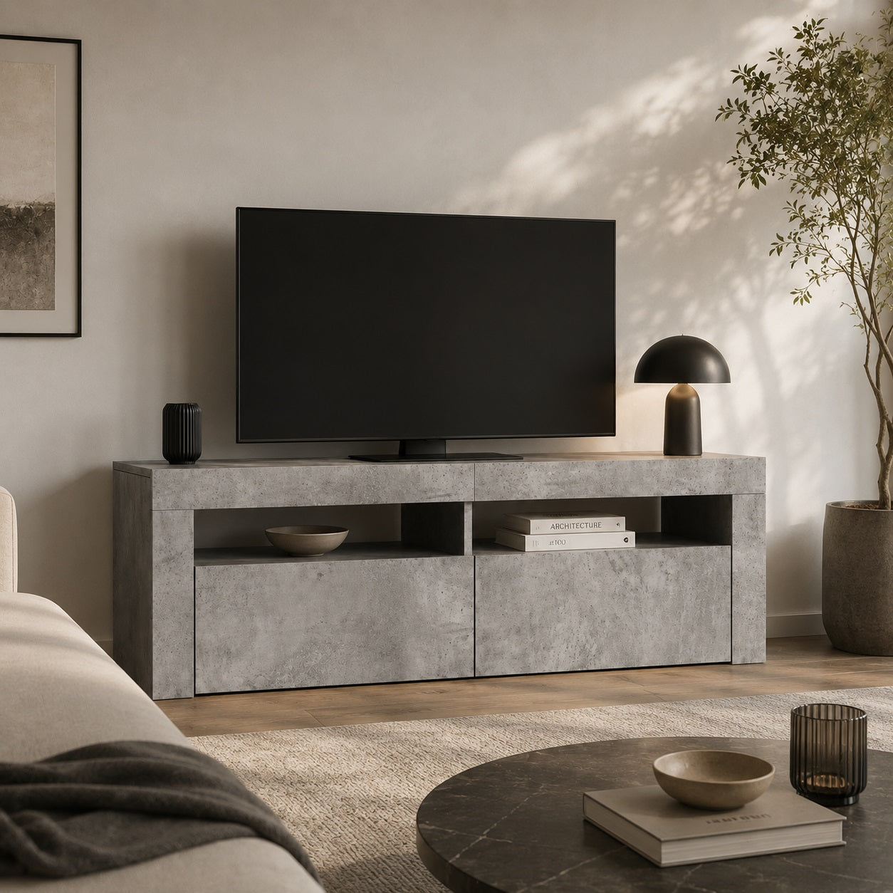 Meuble TV moderne effet béton avec LED, design contemporain et rangements pratiques pour salon élégant