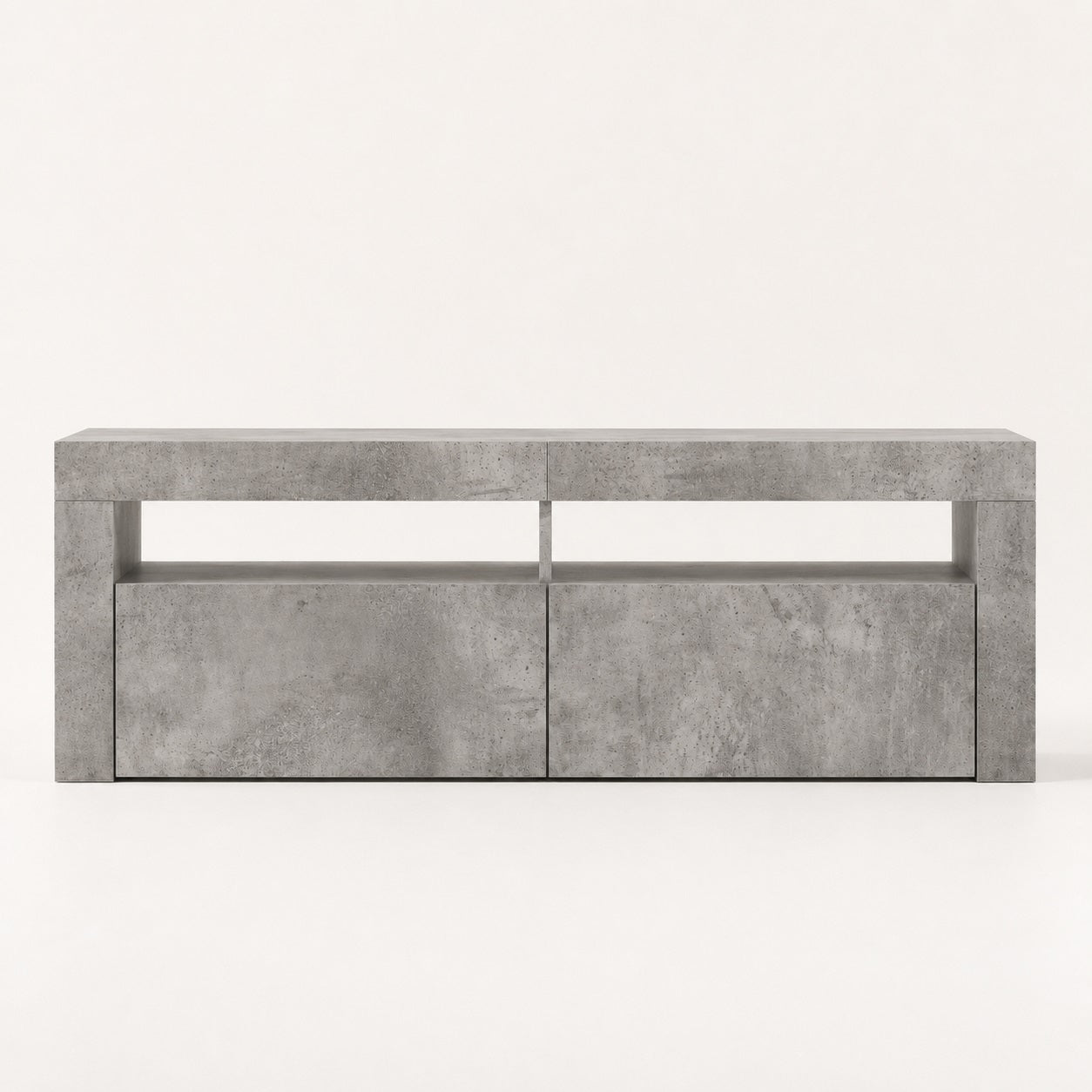 Meuble TV moderne gris béton avec LED intégrée, lignes épurées et grands espaces de rangement