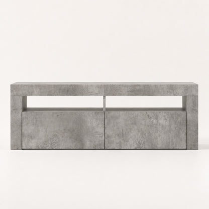 Meuble TV moderne gris béton avec LED intégrée, lignes épurées et grands espaces de rangement