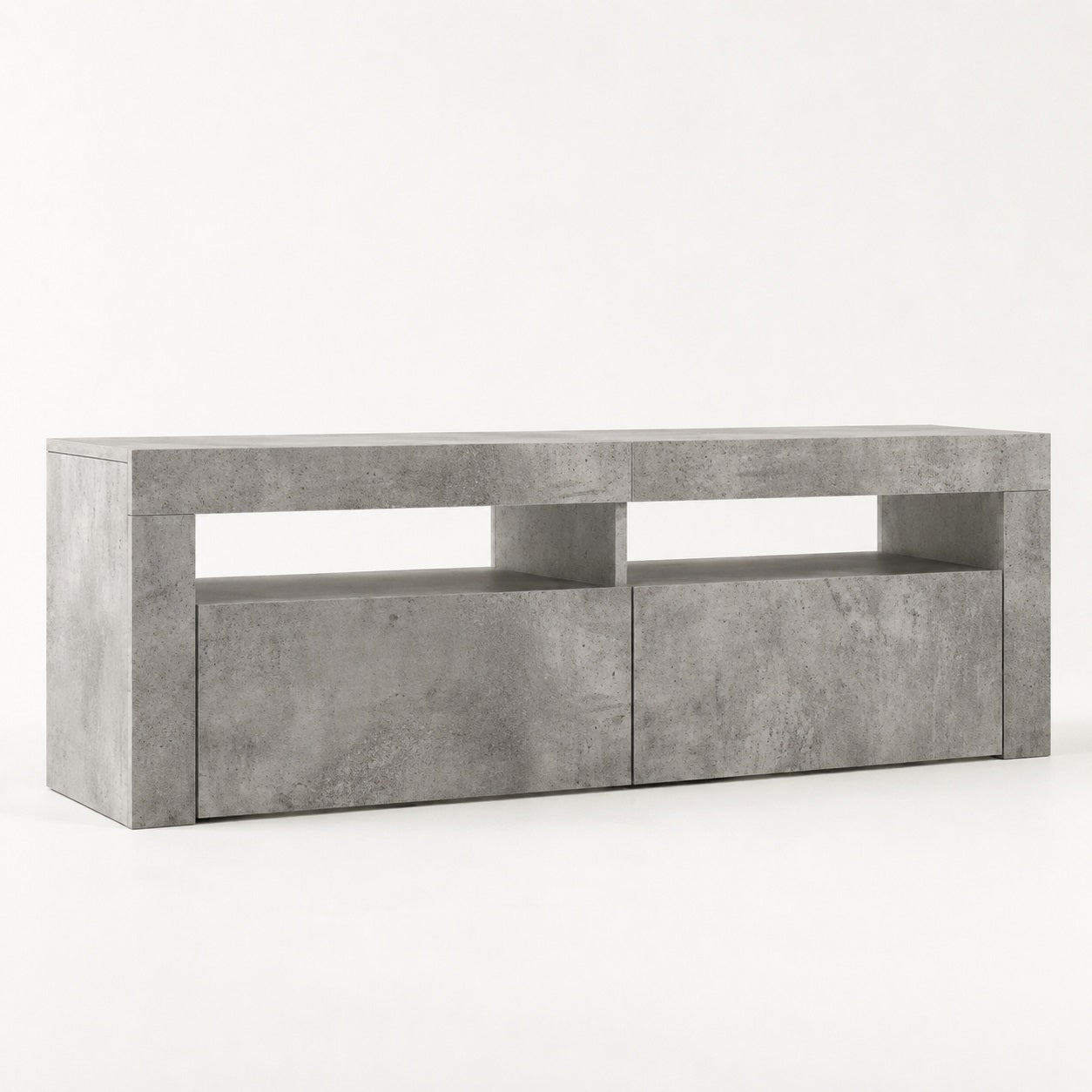 Meuble TV moderne effet béton avec LED, style contemporain et rangements intégrés pour salon design