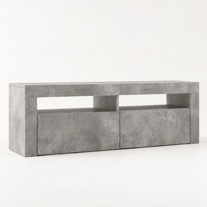 Meuble TV moderne effet béton avec LED, style contemporain et rangements intégrés pour salon design
