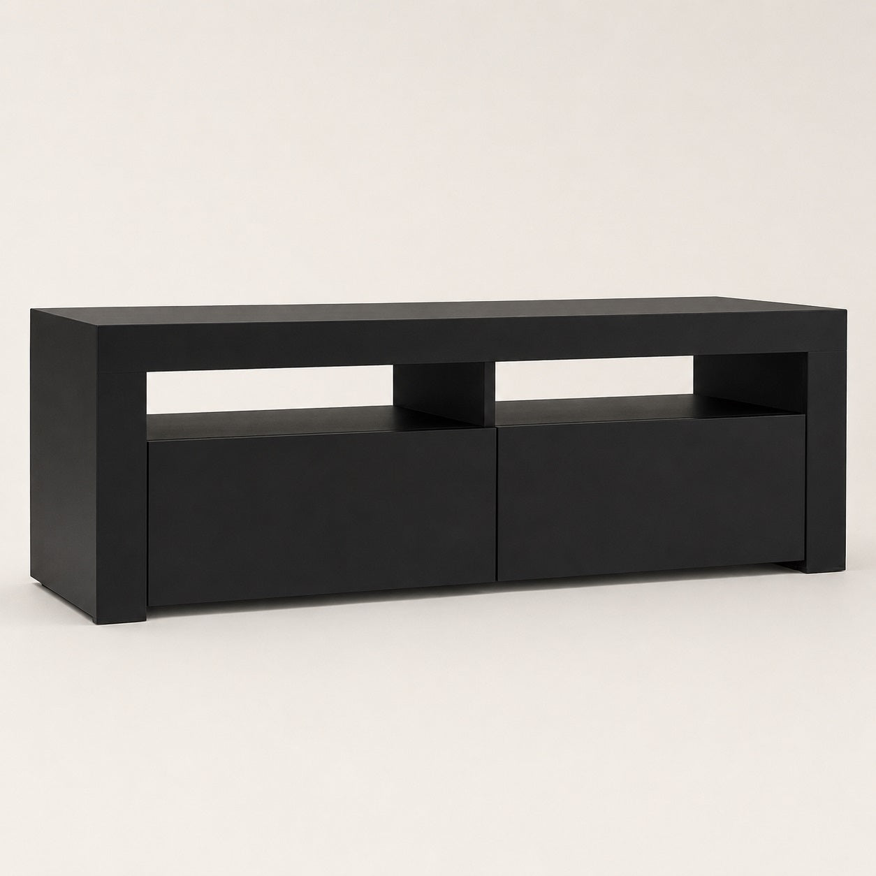 Meuble TV moderne noir avec LED, meuble design minimaliste pour salon contemporain et chaleureux