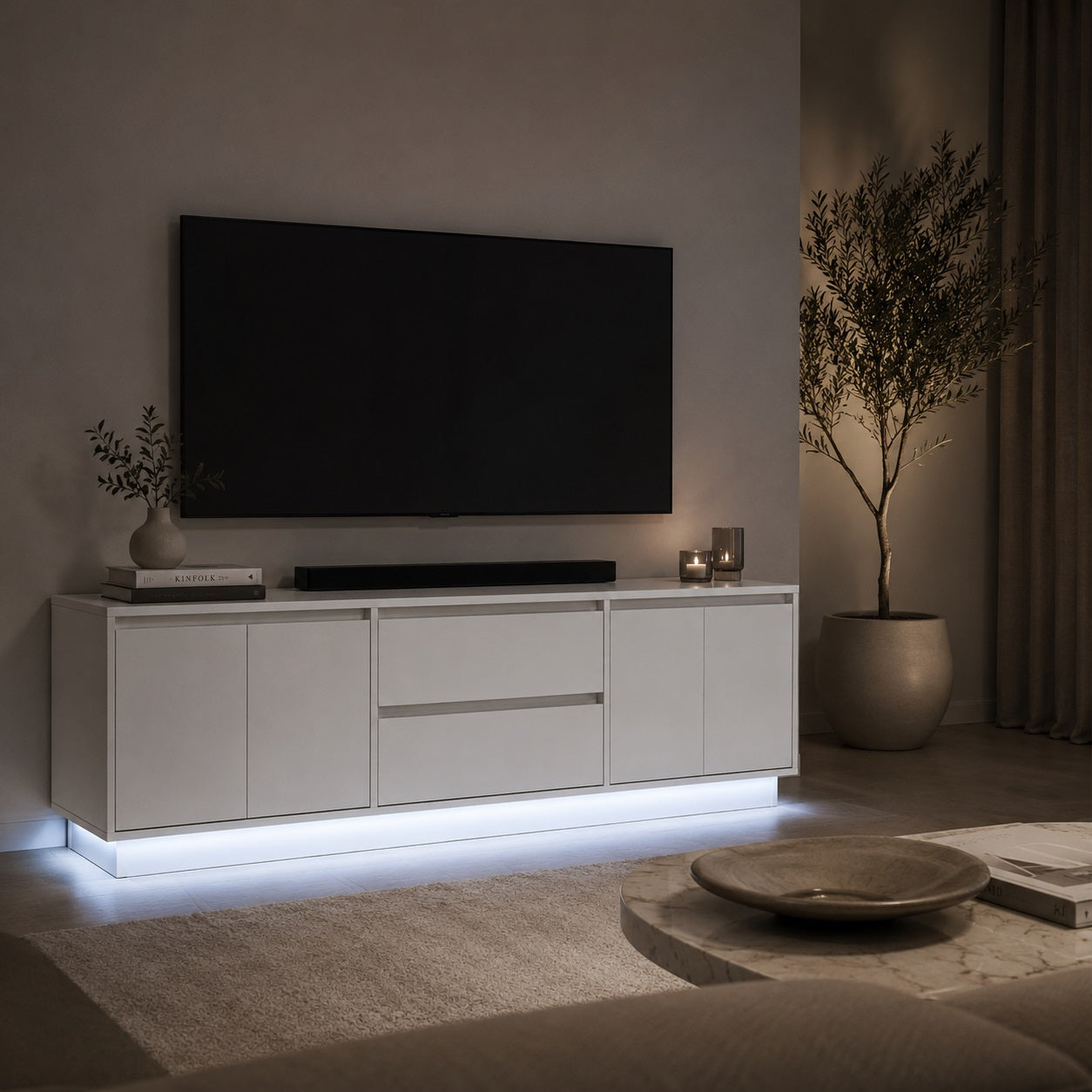 Meuble tv moderne avec rangement et éclairage LED pour salon contemporain