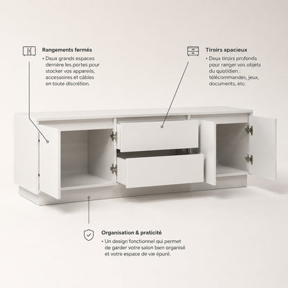 Intérieur meuble tv moderne avec rangement optimisé pour câbles et appareils