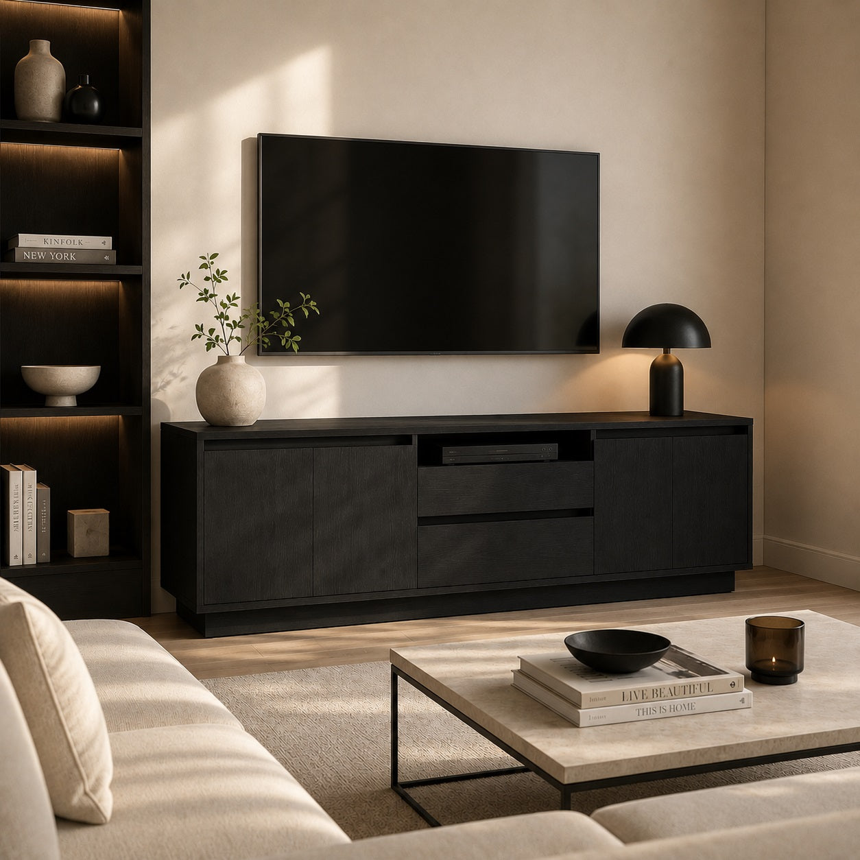 Meuble tv avec rangement noir effet bois pour salon moderne et élégant
