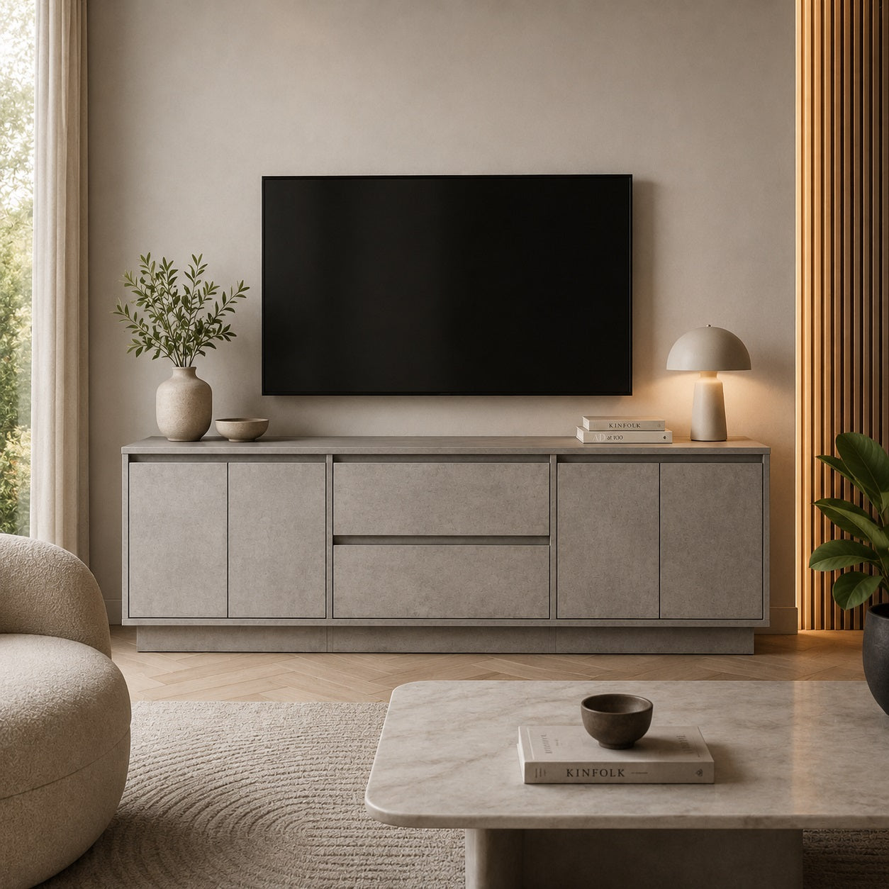 Meuble tv avec rangement gris béton pour salon moderne au design minimaliste