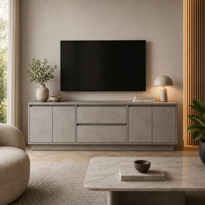 Meuble tv avec rangement gris béton pour salon moderne au design minimaliste