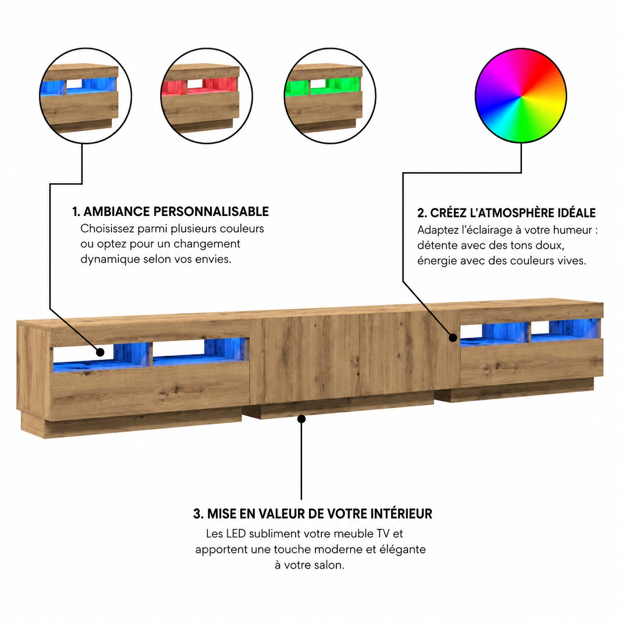 Meuble TV avec led RGB personnalisable, meuble TV en bois moderne pour ambiance lumineuse élégante