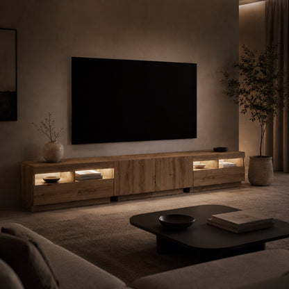 Meuble TV avec led ambiance, meuble TV en bois design pour une atmosphère élégante et cosy