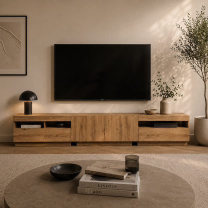 Meuble TV en bois moderne avec led, rangements spacieux et design épuré pour grand écran