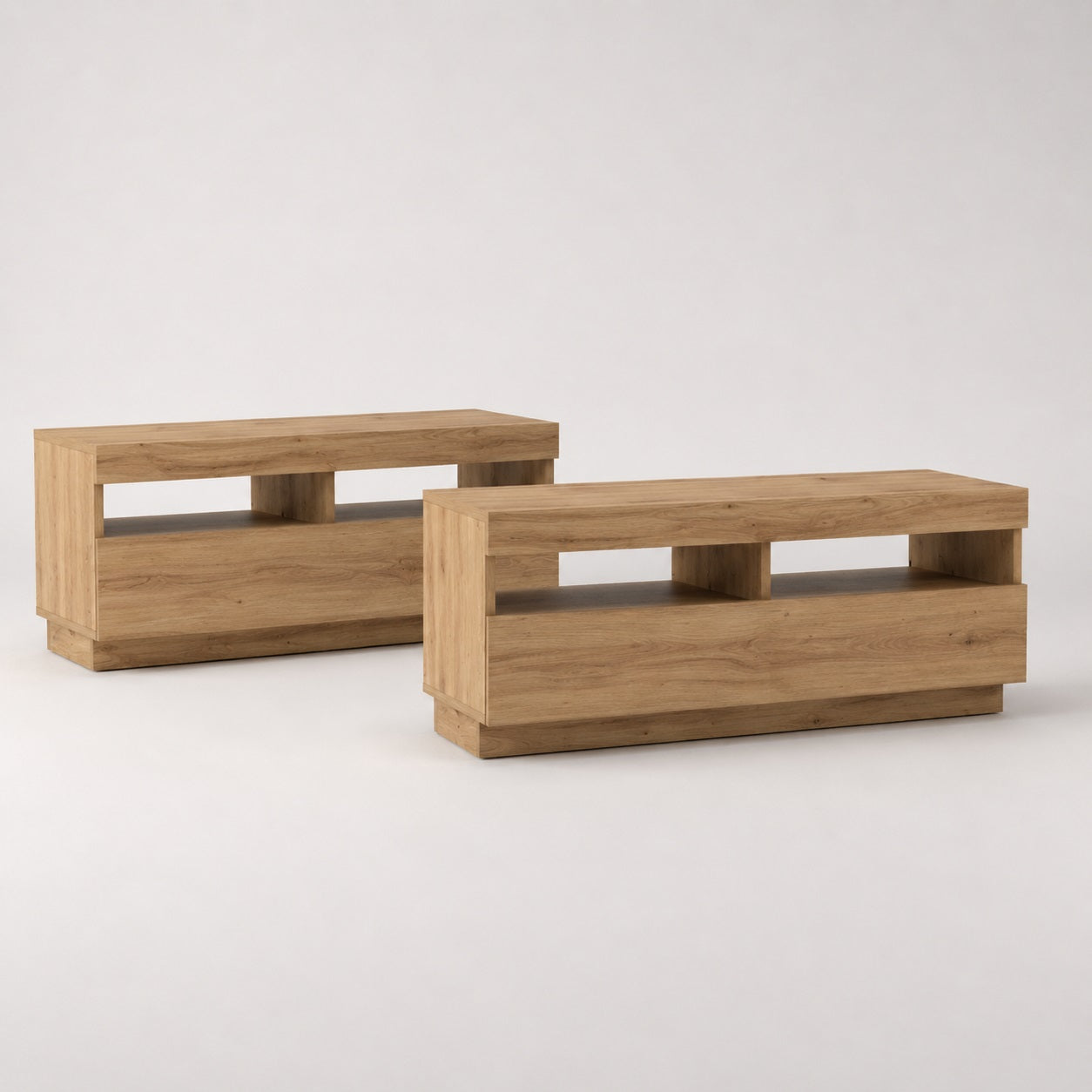 Modules latéraux du meuble TV en bois avec led, design moderne et rangements fonctionnels
