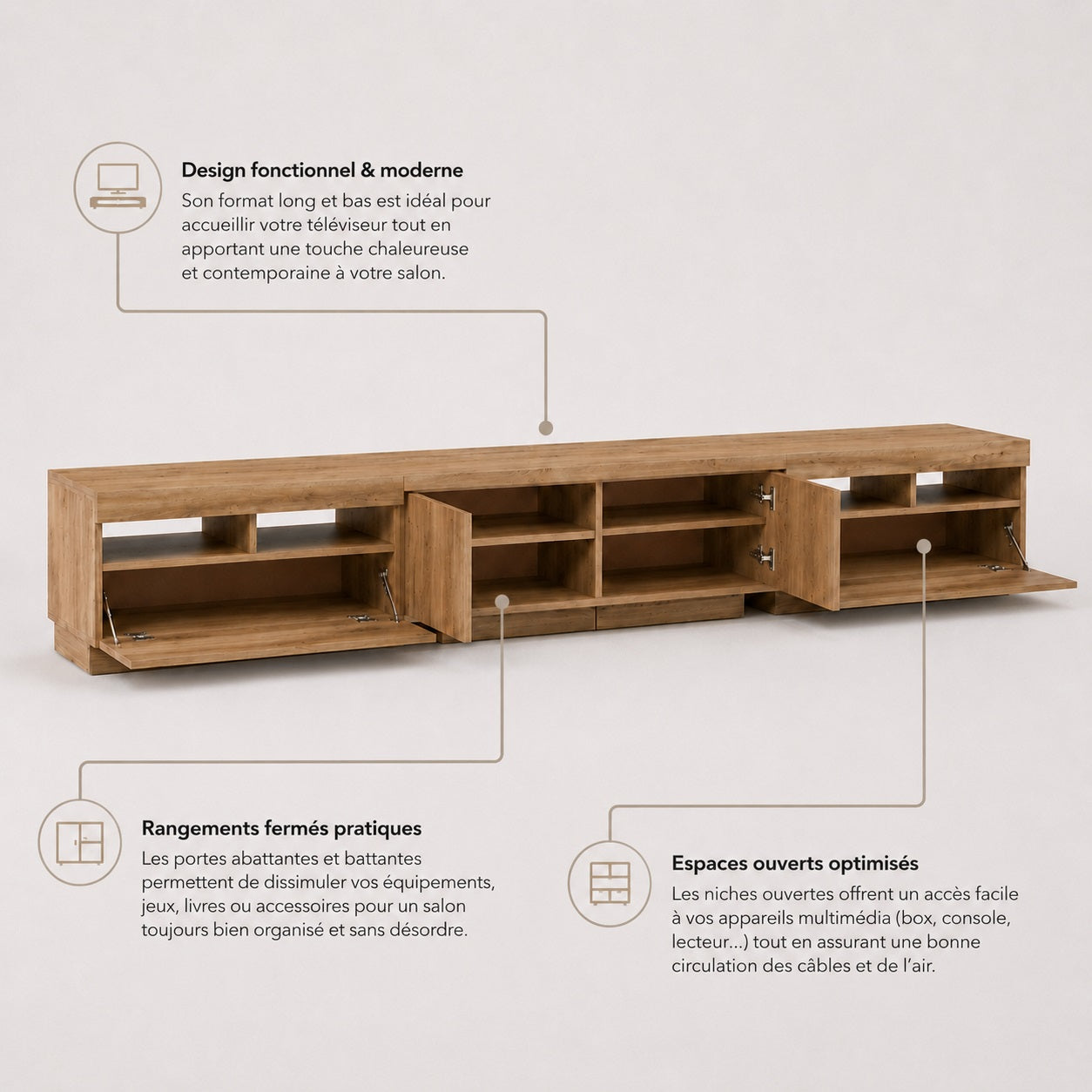 Intérieur du meuble TV avec led et nombreux rangements, meuble TV en bois pratique et moderne
