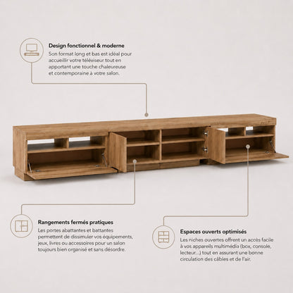 Intérieur du meuble TV avec led et nombreux rangements, meuble TV en bois pratique et moderne