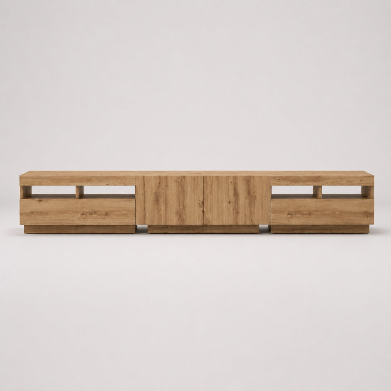 Meuble TV en bois moderne avec led, finition chêne naturel et grands rangements pour salon contemporain