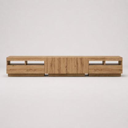 Meuble TV en bois moderne avec led, finition chêne naturel et grands rangements pour salon contemporain