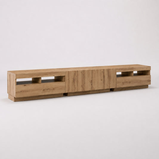 Meuble TV en bois moderne avec led, grand rangement et niches ouvertes pour salon contemporain