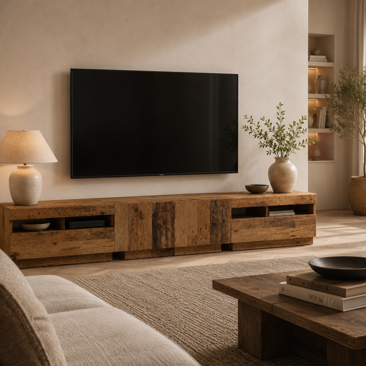 Meuble TV en bois avec led dans un salon cosy, style rustique moderne et ambiance raffinée