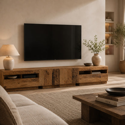 Meuble TV en bois avec led dans un salon cosy, style rustique moderne et ambiance raffinée