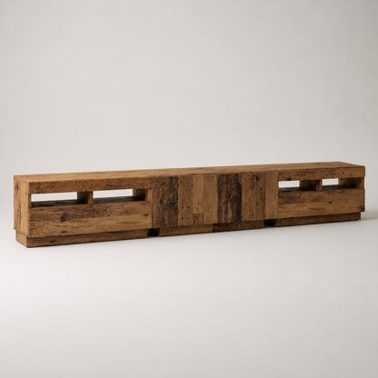 Meuble TV en bois recyclé avec led, design authentique et caractère unique pour salon chaleureux