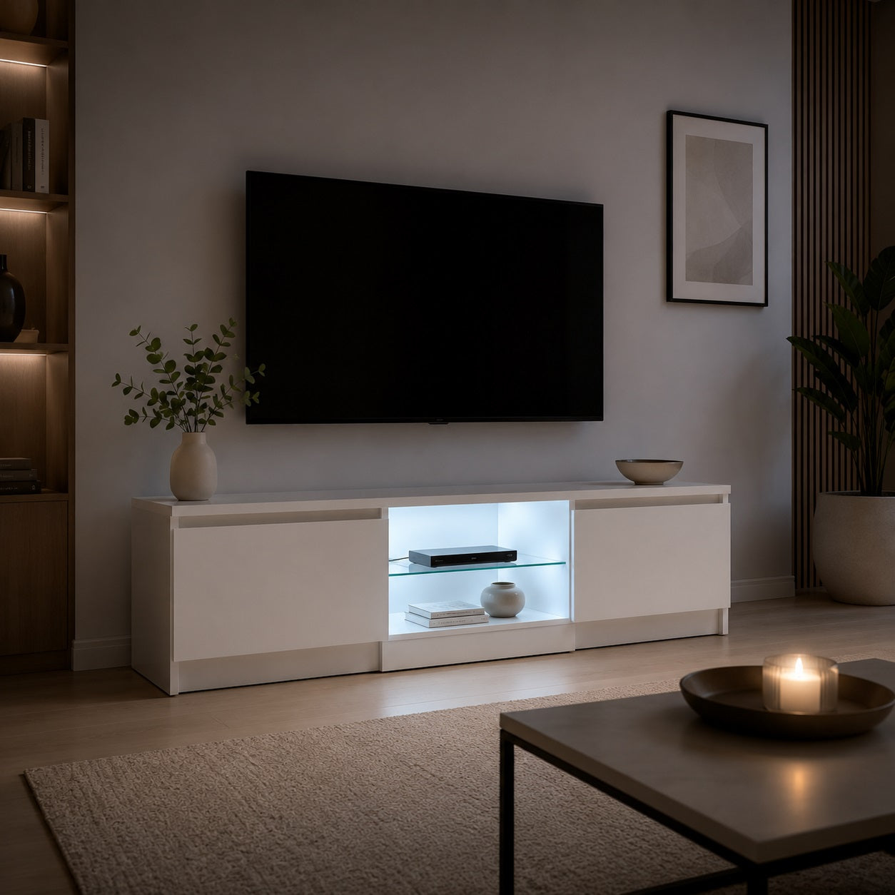 Meuble tv avec rangement blanc moderne et niche centrale en verre trempé