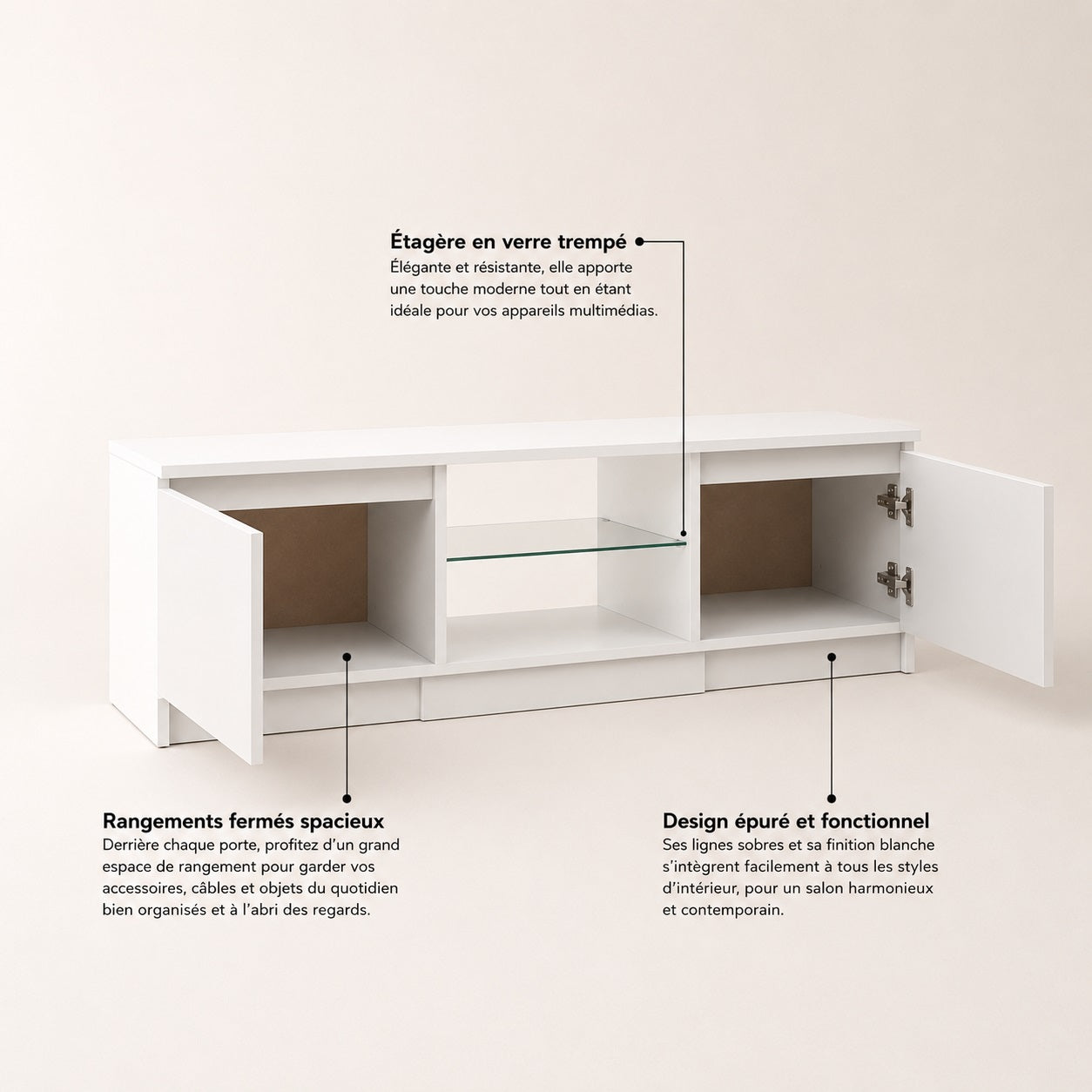 Meuble tv avec rangement blanc mat et étagère en verre style contemporain