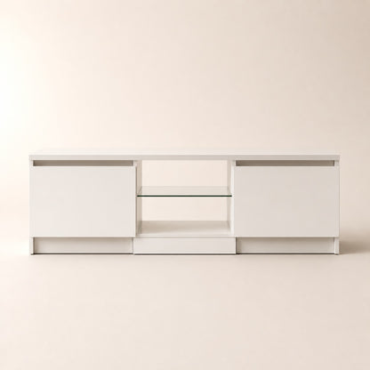 Meuble tv moderne compact avec rangement fermé et niche multimédia blanche