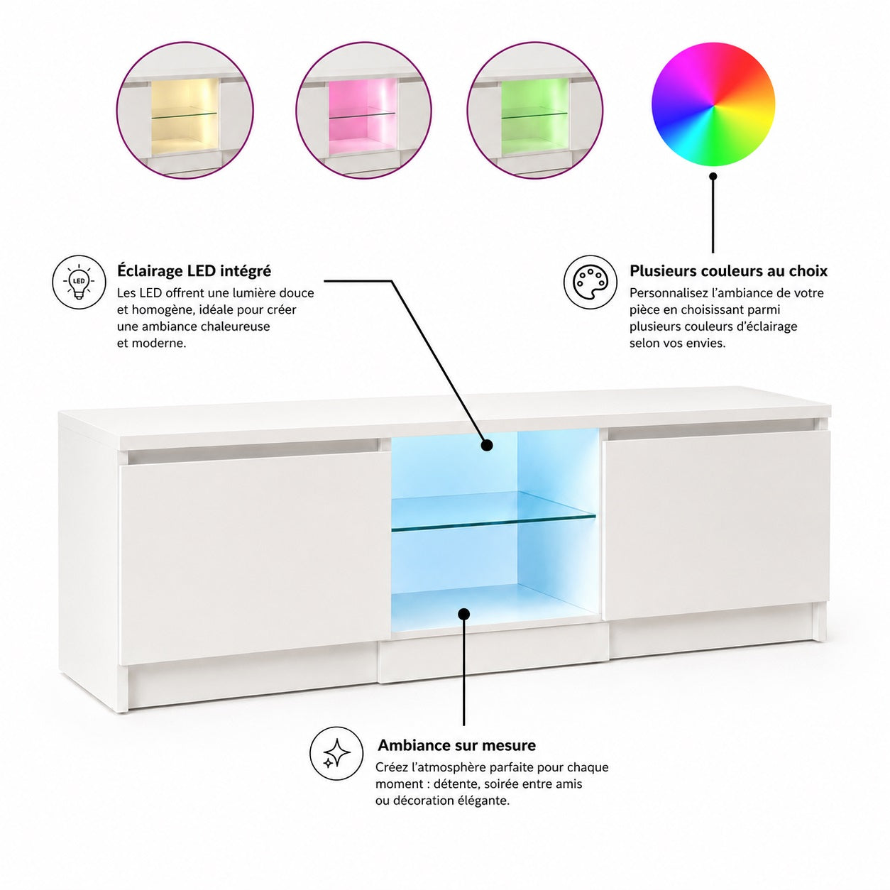 Meuble tv avec rangement moderne blanc et LED pour ambiance élégante salon