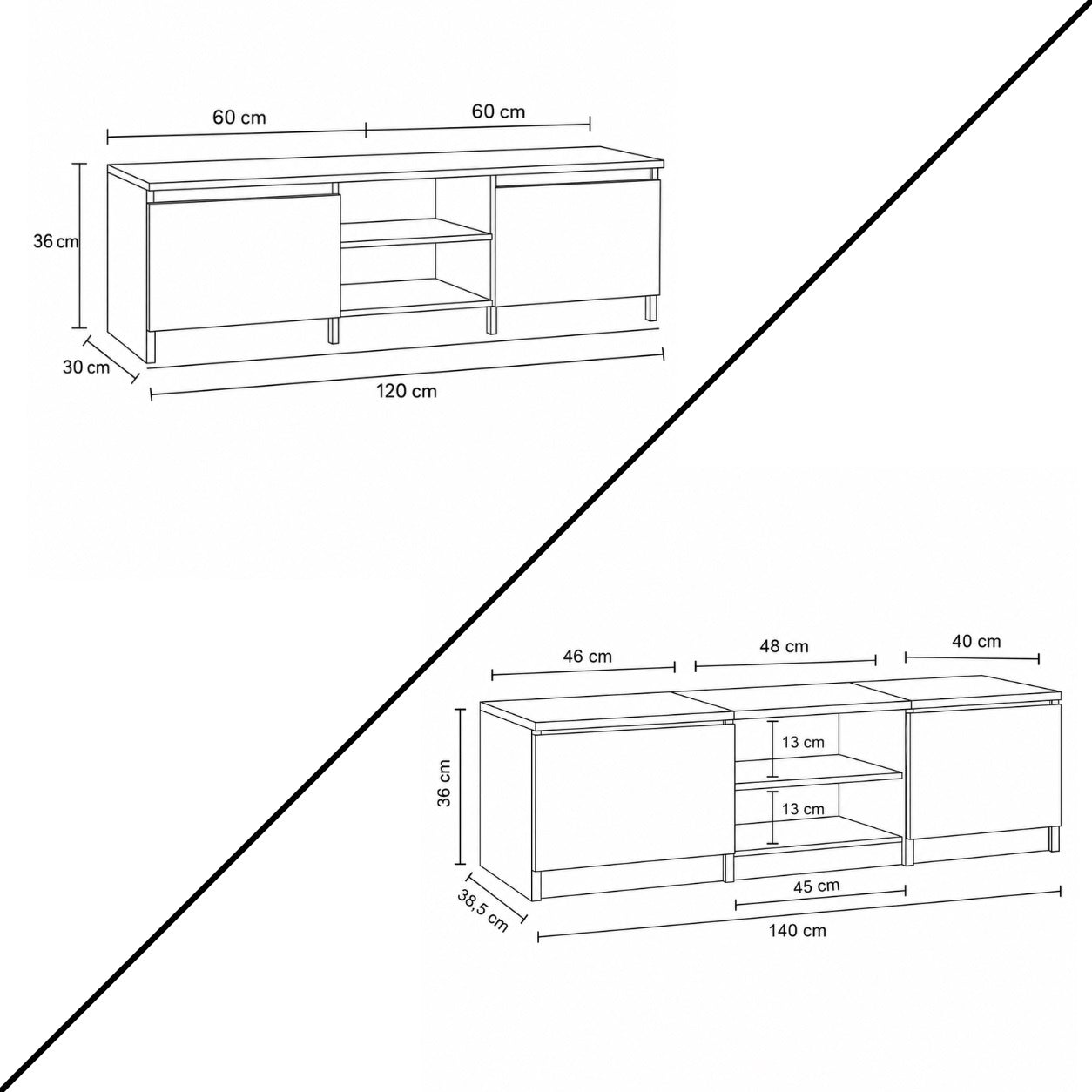 Meuble tv moderne blanc avec double rangement fermé et étagère centrale