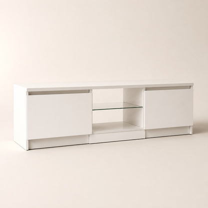 Meuble tv moderne blanc avec rangement et étagère en verre pour salon contemporain