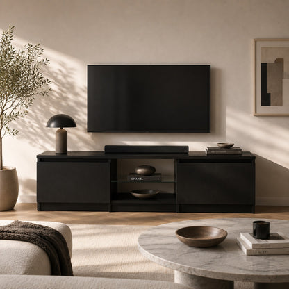 Meuble tv moderne noir avec rangement et étagère en verre dans un salon contemporain
